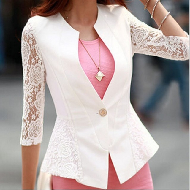 Oto o Blazers Blazer Mujeres V Cuello de Encaje Blanco S lido Sola bot n Negro.jpg 640x640 f6283